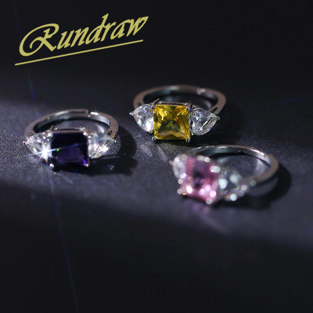 

Rundraw Fashion Women Square Purple Zircon Ring Open Adjustable Silver Ring Party Gift Jewelry Anillos Mujer
