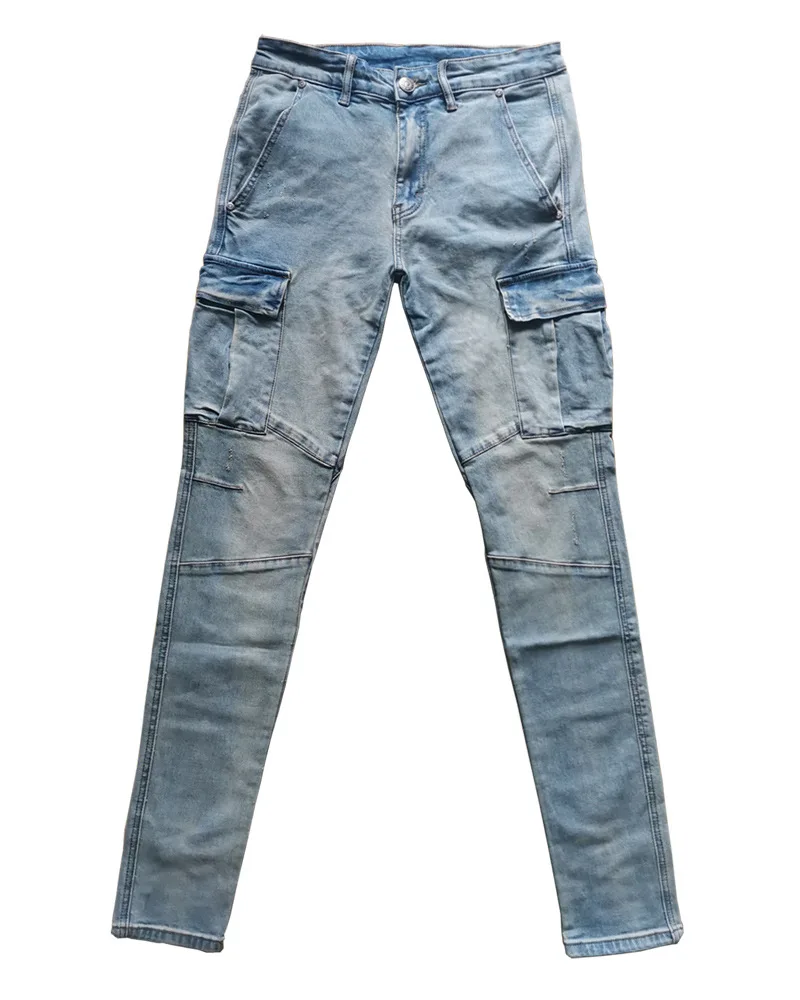 Retro Multi-Pocket Cargo Slim Fit Cotton Elastic Joggers Fashion High Street Y2K Washed Old Men'S Pencil Jeans Size 29-36