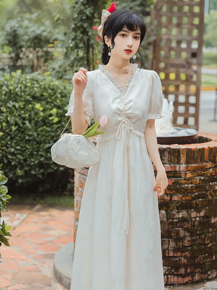 

Summer new women's dress retro literature v-neck girl style bubble sleeve long dress white dress wedding party dress