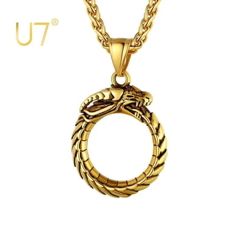

U7 Stainless Steel Ouroboros Dragon Necklace Men Black Gold Color Animal Pendant Retro Eternal Cycle Hip Hop Punk Daily Jewelry