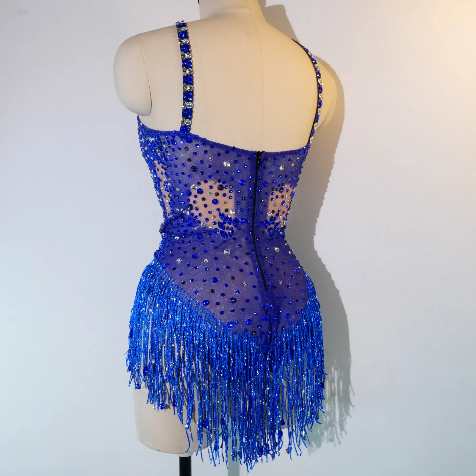 Sexy See-through Mesh Blue Rhinestone Bodysuit Adult Women Bar Stage Dance Performance Leotard Birthday Party Drag Queen Costume