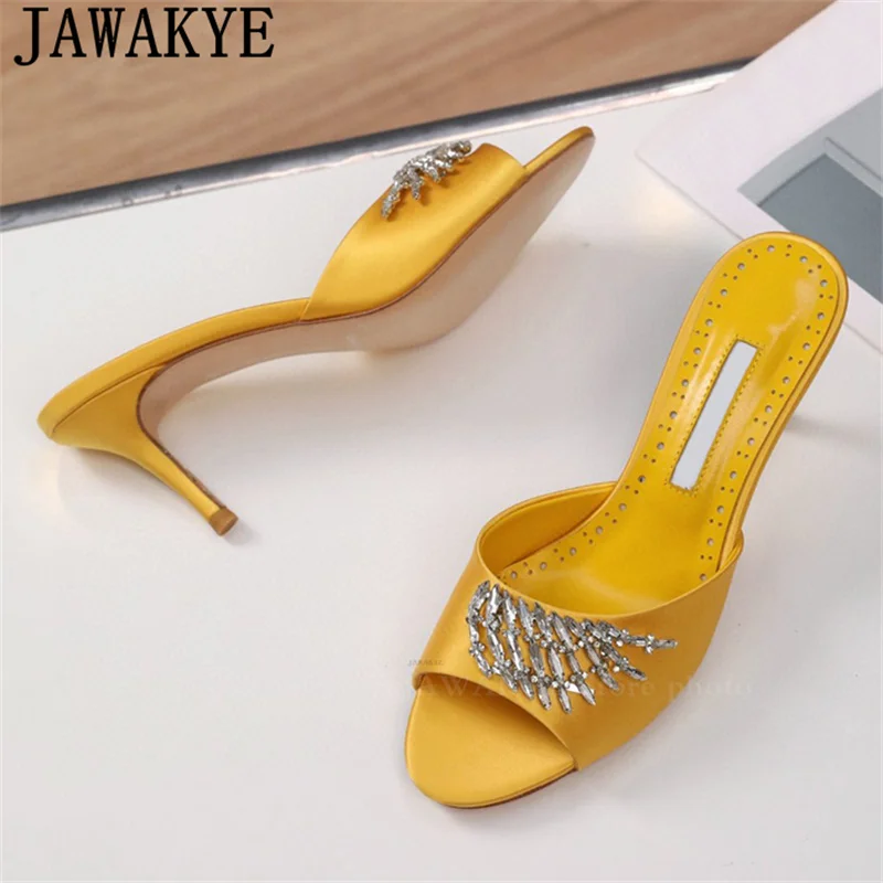 Шлепанцы женские атласные на тонком высоком каблуке роскошные дизайнерские мюли