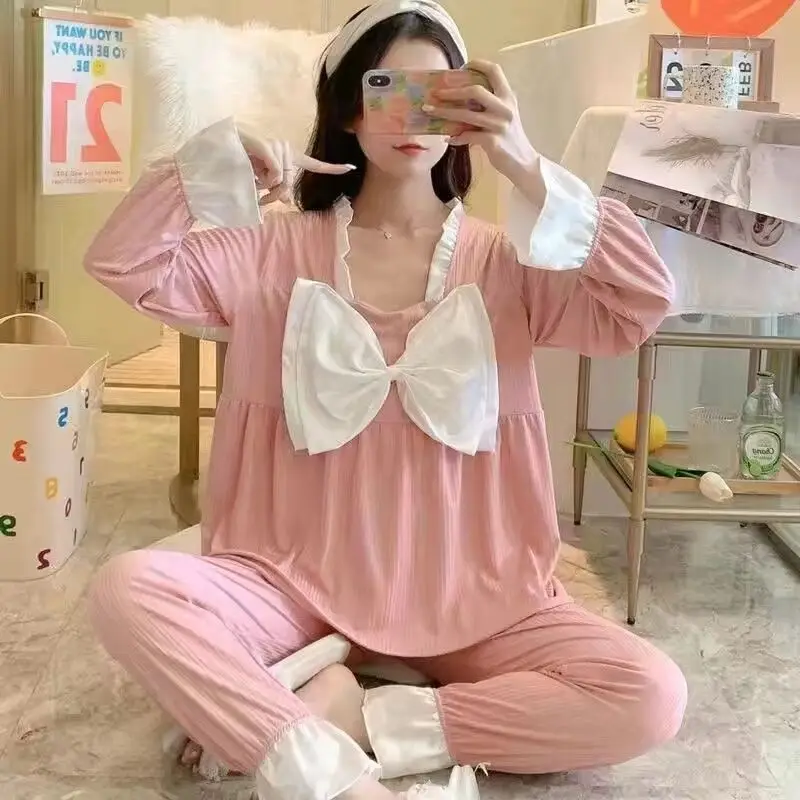 Spring and autumn new ins style pajamas women's pit strip bow sweet and cute long-sleeved lotus leaf sleeves home service