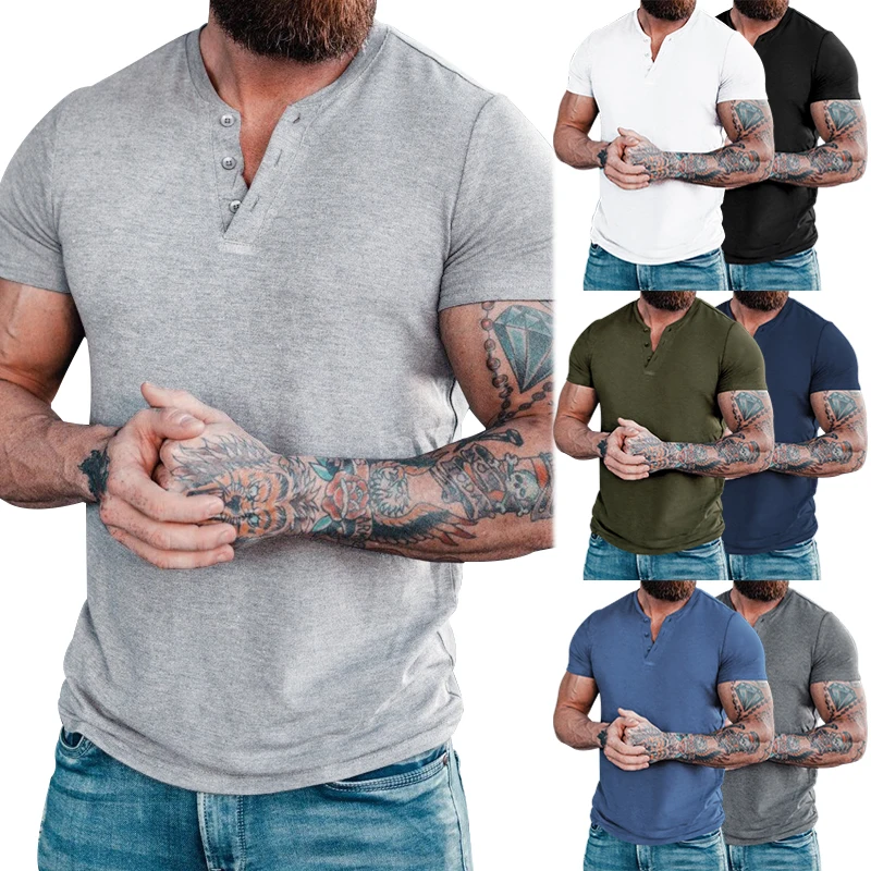 

Muscle Men's Cotton T-shirt Sports Short Sleeve Henry Shirt Tough Guy Fitness Training Button-down Shirt V-neck
