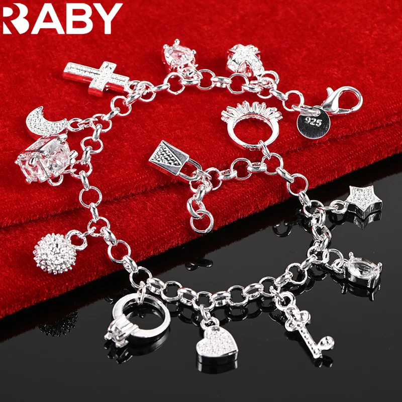 

URBABY 925 Sterling Silver Cross/Star/Key/Heart Pendant Chain Bracelet For Women Fashion Party Charming Jewelry Accessories Gift