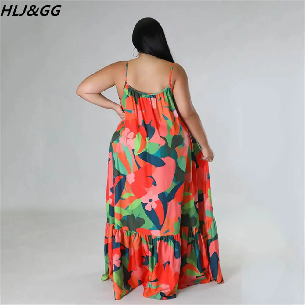 HLJ&GG Casual Holiday Flower Print Suspender Dress Plus Size Women Clothes XL-5XL Female Sleeve Loose Robe Vestidos Dropshipping