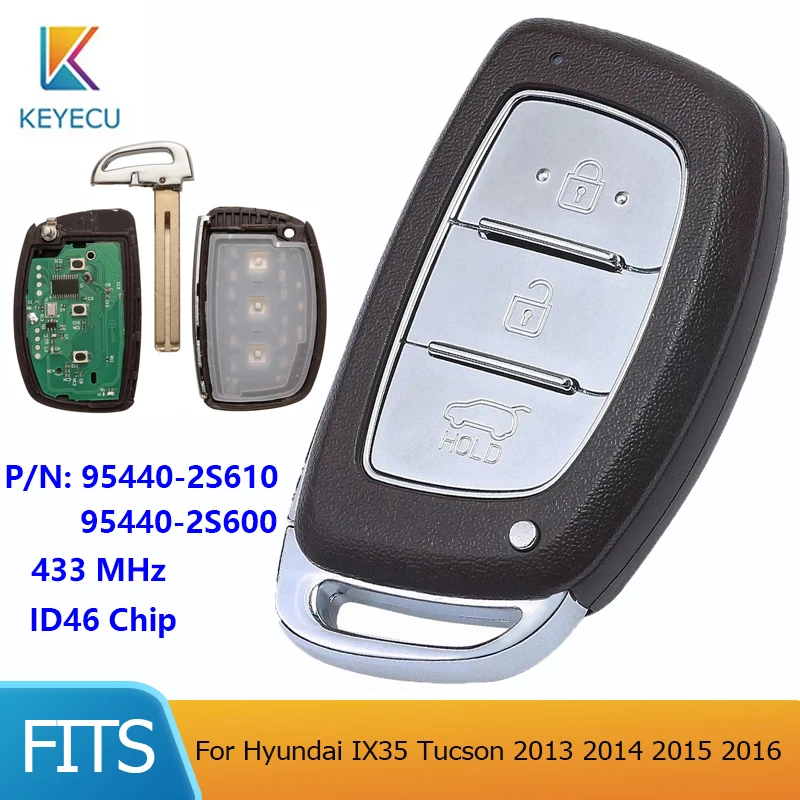 KEYECU умная лампа для Hyundai IX35 Tucson 2015 + P/N:954402S610 95440-2S610 3 кнопки 433 МГц чип PCF7945 |