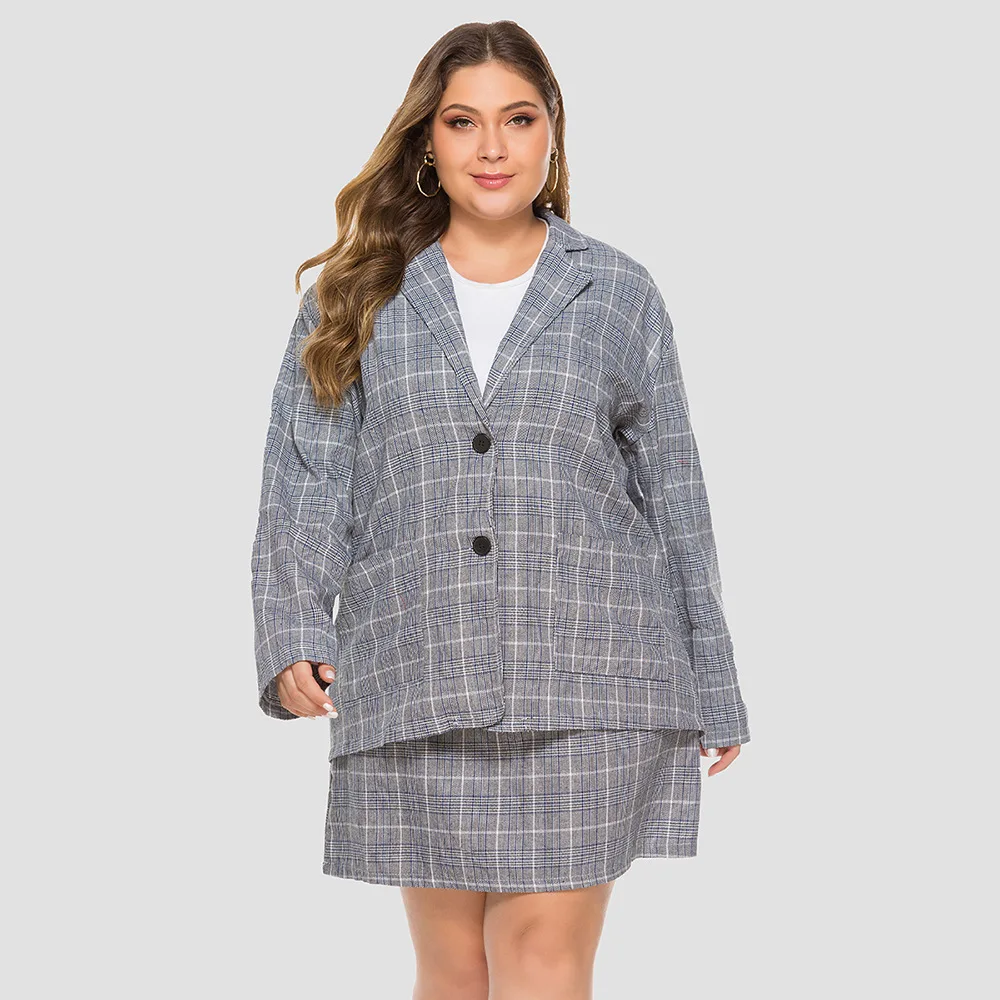 Women's Spring Summer Plus Size Plaid Blazer Coat Vintage Long Sleeve Female Outerwear Femme Height Waist Mini Skirt 2Piece Sets