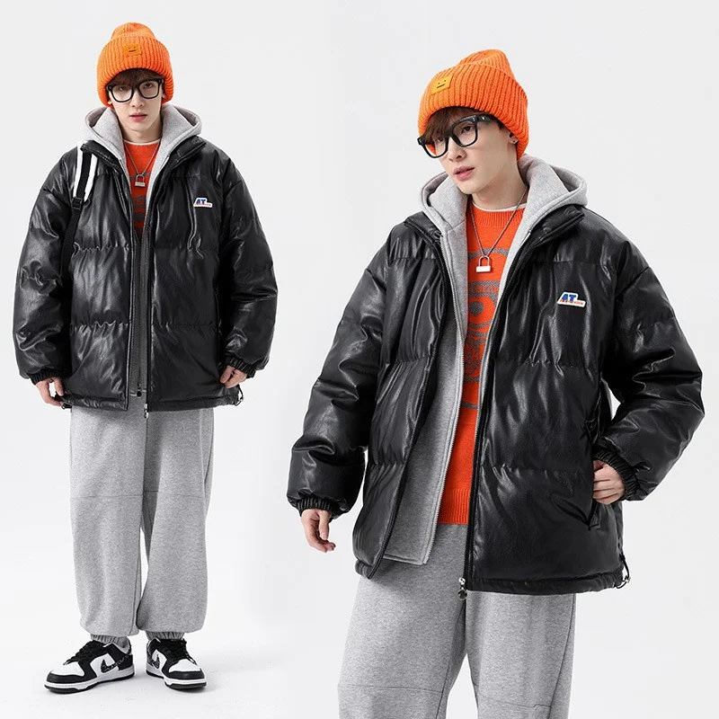 Men's Cotton Padded Clothes New Pu Leather  Are Popular In Winter. Two Thick Hooded Coats Are Fashionable And Warm