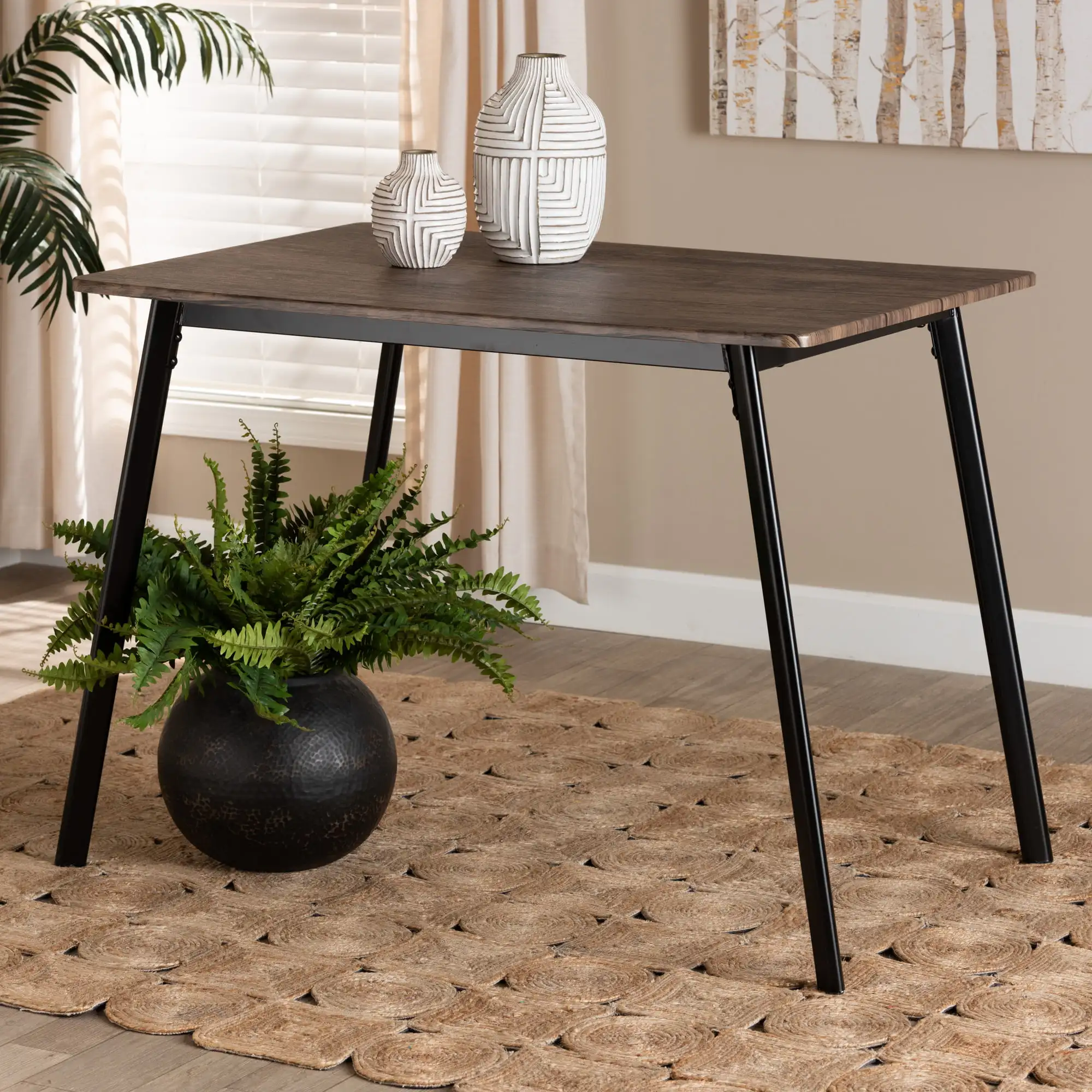 

BOUSSAC Mid-Century Modern Walnut Brown Finished Wood and Black Metal Dining Table