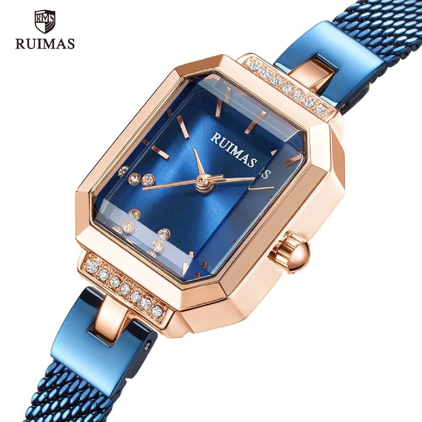 

RUIMAS Women's Simple Rectangle Dial Quartz Watches Luxury Blue Mesh Strap Wristwatch Ladies Girl Analog Watch Relogio Clock 579