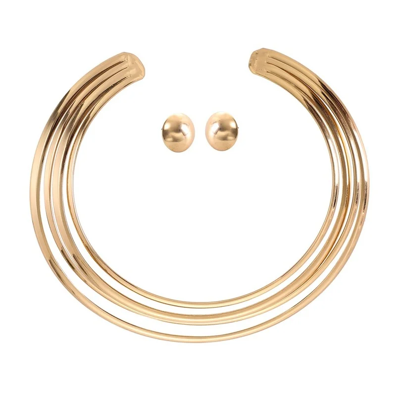 

African Punk Gold Color Choker Necklace Round Earrings Sets Women Party Statement Jewelry Dress Accessories Bijoux Female Gift