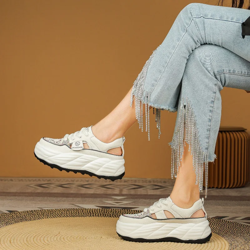 Rhinestone Decor 5cm Lace Genuine Leather Slides Hollow Ladies Summer Breathable Ankle Boots Women Platform Sandals Wedge Shoes