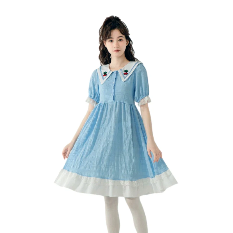 

Lolita Girls 2022 Summer Short Dress Japanese Kawaii Fashion Puff Sleeve Teens Casual Cute Peter Pan Collar Blue A Line Dresses