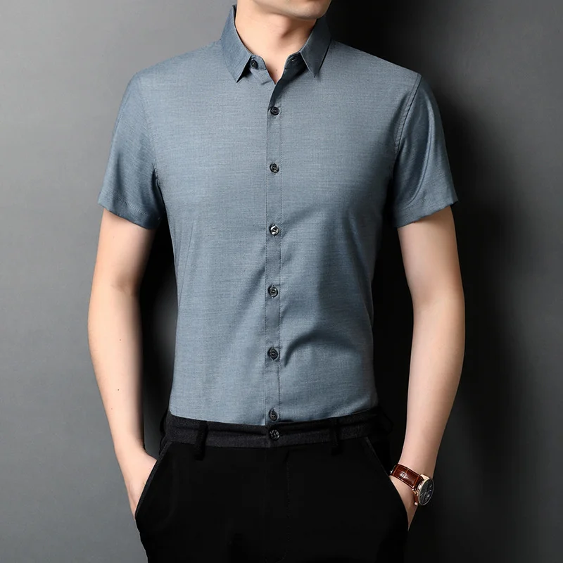 

Mens Plus Size Shirt Summer Korean Casual Thin Collar Button Shirt Short Sleeve Grey Office Social Business Dress Shirts Xxxl
