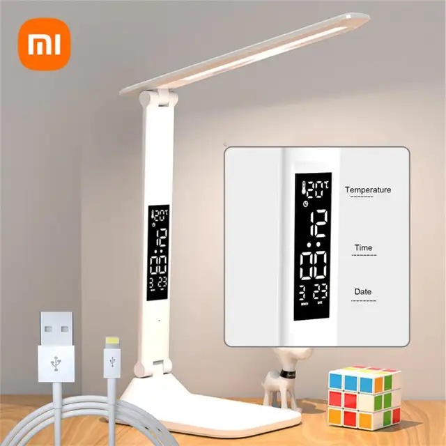 XIAOMI LED Desk Lamp USB Dimmable Table Lamp Touch Foldable Night Light For Study Reading Lamp With Calendar Temperature Clock 1