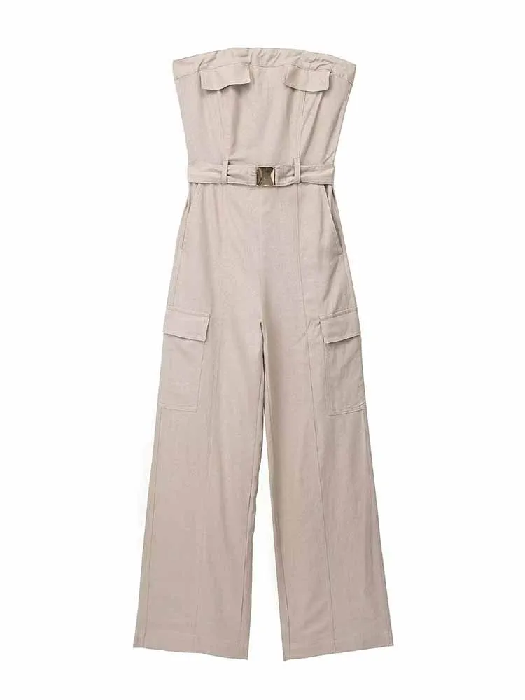

Women New Fashion With Belt Linen Loose bra Cargo Jumpsuit Vintage sleeveless backless Female Playsuits Mujer 7695/939