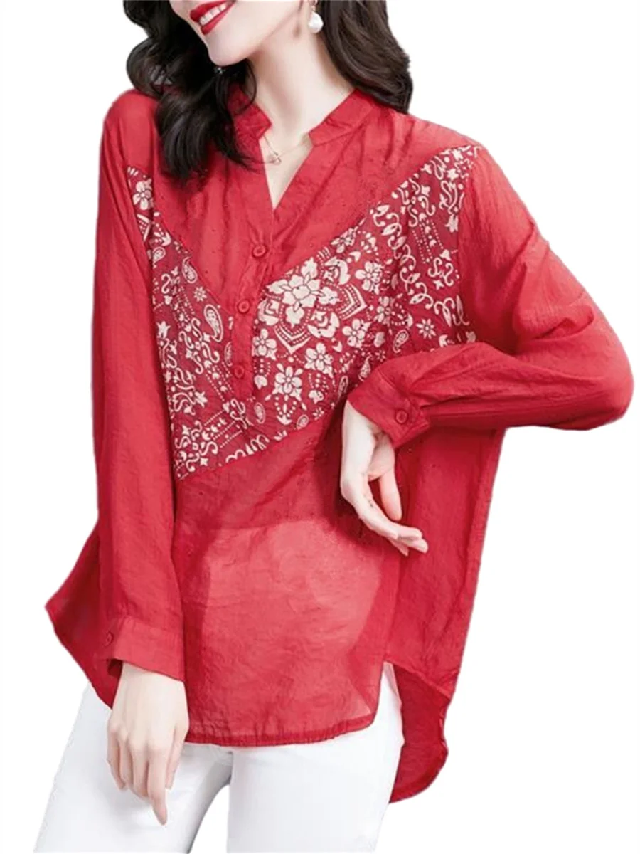 

4XL Loose Women Spring Summer Blouses Shirts Lady Fashion Casual Long Sleeve V-Neck Colla Red Printing Blusas Tops WY0678