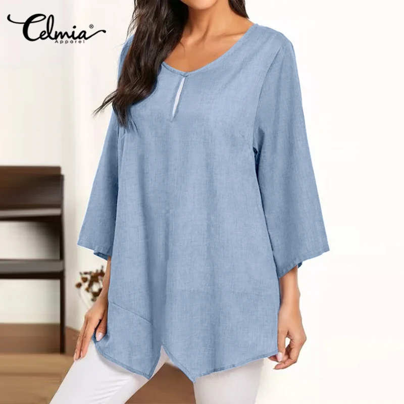 

2022 Celmia Women Vintage Shirts Sexy Hollow O Neck Summer Blouses Casual Loose 3/4 Sleeve Tunic Asymmetrical Blusas Femininas