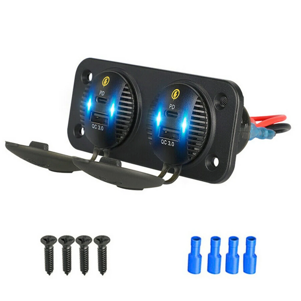 

100% High Quality QC 3.0 PD In-Car Charger Mobile Phone Charge Socket Panel Dual Type-c USB Ports Universal Fits For 12V -24V