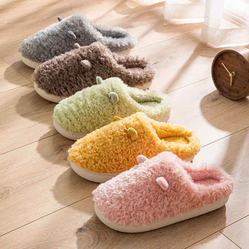 

Couples Home Slippers Warm Cute Women Men Slipper Winter Shoes 2022 New Fashion Non Slip Casual Ear Cartoon Fur Plush Slides