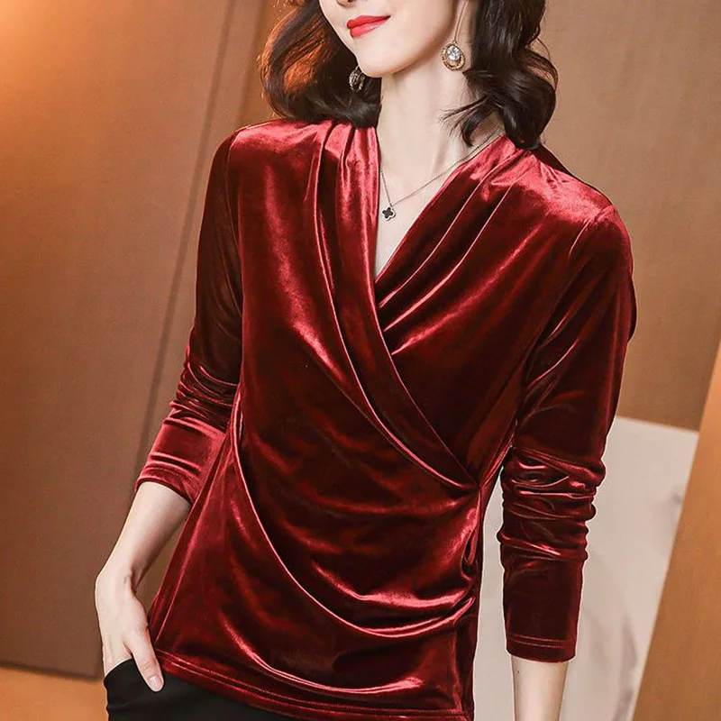 

Elegant V-Neck Solid Color Folds Blouse Women's Clothing 2022 Autumn New Oversized Casual Pullovers Loose Office Lady Shirt