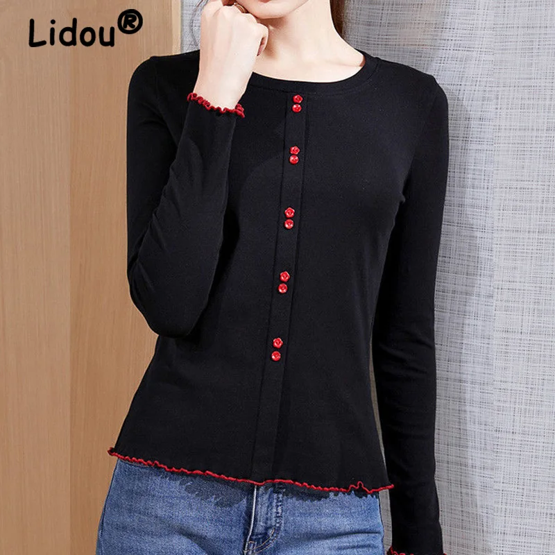 

Women Spring Autumn Cotton Long sleeved T-shirt Ladies Elegant Simple Korean Version Trend Round Neck Solid Color Pullover Top