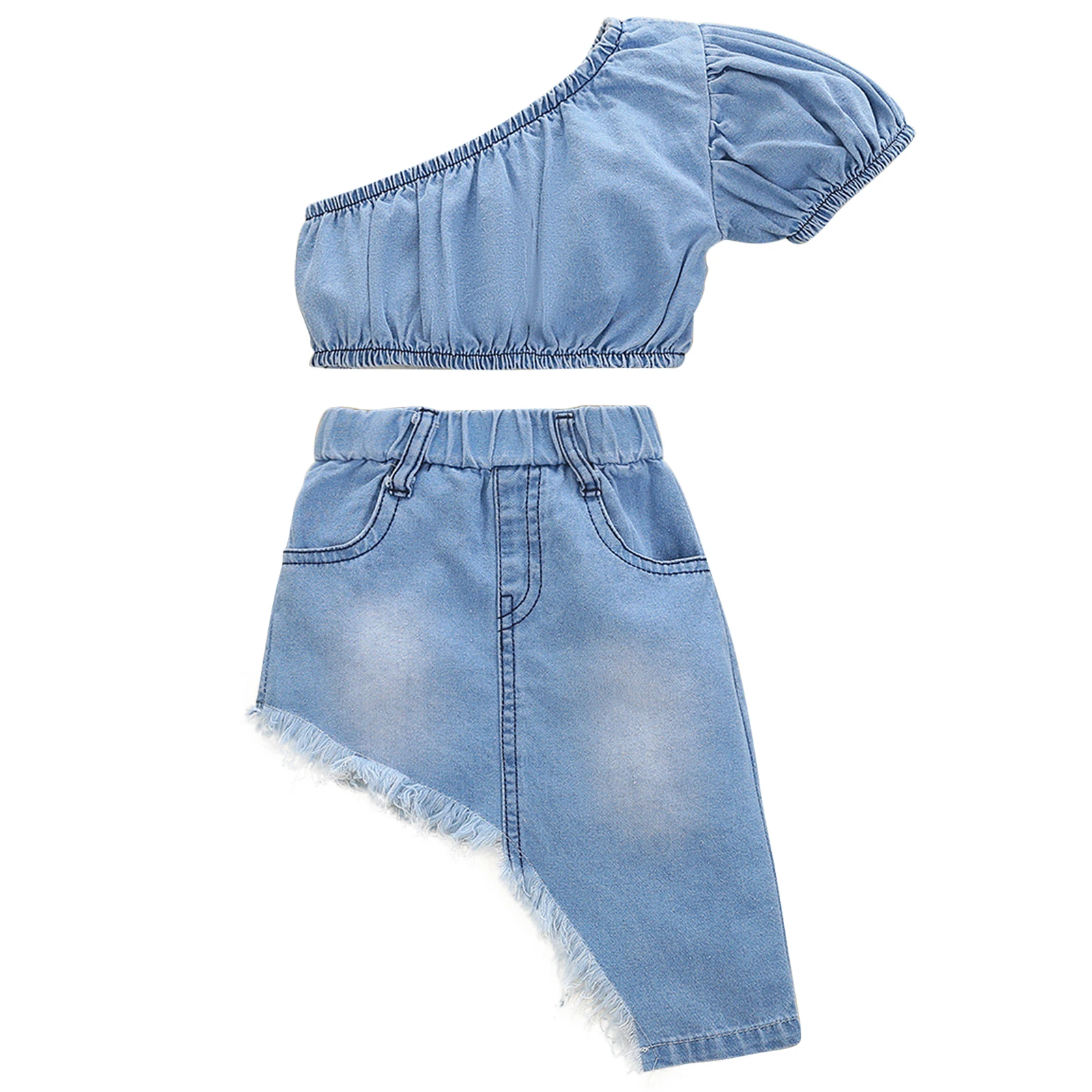 

Baby Girls Stylish Asymmetrical Denim Outfit Set One Shoulder Short Sleeve Crop Top Elastic Waist Burr Skirt Suit