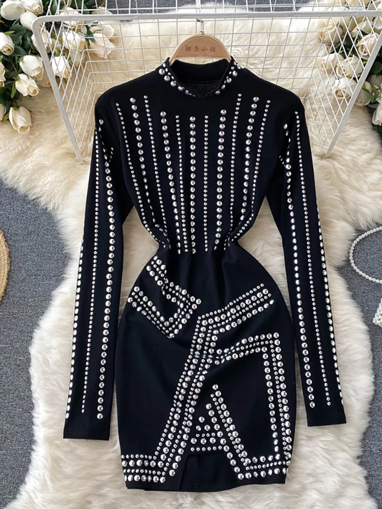 

Autumn Black Sexy Bodycon Dress With Diamonds Vintage Stand Collar Long Sleeve High Waist Bling Mini Vestidos 2022 New Fashion