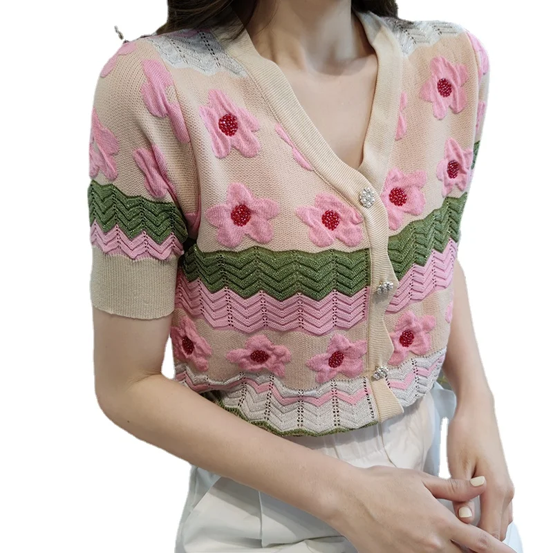 

summer women knitted sweaters kawaii pearl button sweaters for summer girls 3D flower knitted tops