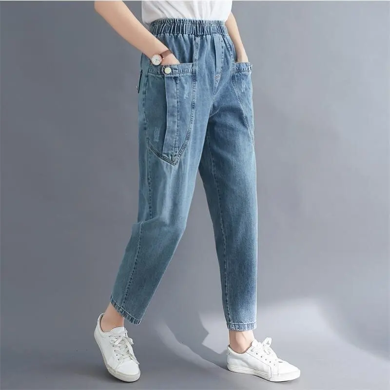 

Plus size Women's Mid Waist Jeans 2021 Autumn New Korean Slim Casual Trousers Elastic Waist Denim Pants
