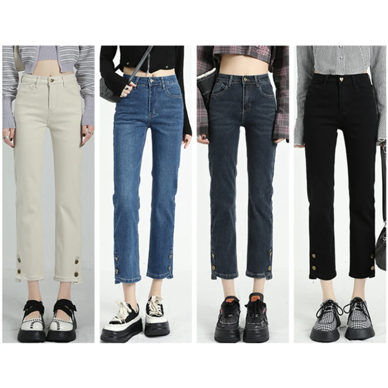 

Buttons High Waist American Ninth Jeans Women' Spring Summer New Street Style Solid Casual Flanging Straight Denim Pants Female