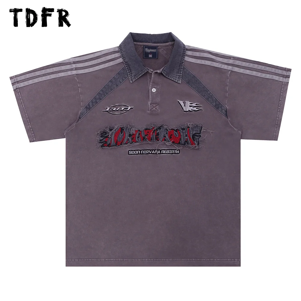 

Letter Patch Embroidery Short Sleeve T-shirt Mens Patchwork Lapel Loose Half-Sleeve Tshirt Men Tee