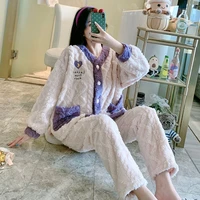plush thick flannel pajamas for fallwinter new leisure all match solid color cardigan cute sweet fashion pajamas