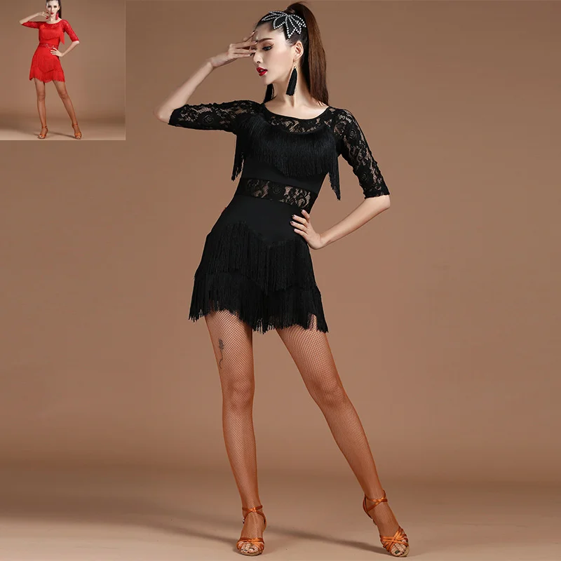 

2023 New Girls Kids Adult Modern Ballroom Latin Dance Dress Tassel Fringe Salsa Tango Dance Wear Black Performance Stage Wear