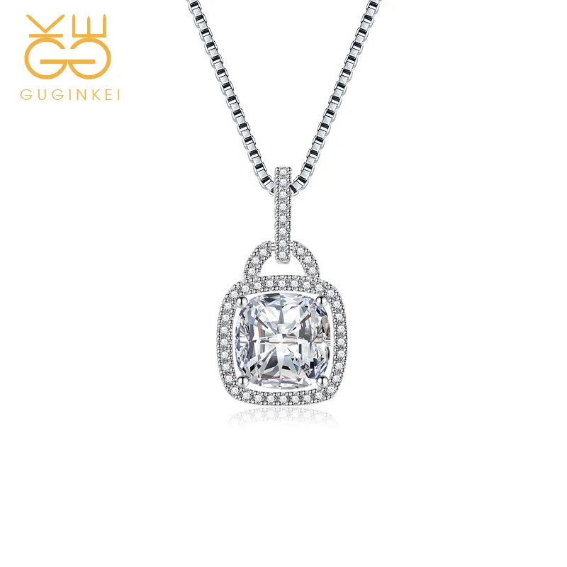 

GUGINKEI Luxury Simple Square Bag Pink Yellow Zircon Pendant Necklaces Women Wedding 925 Sterling Silver Necklace Jewelry Gift