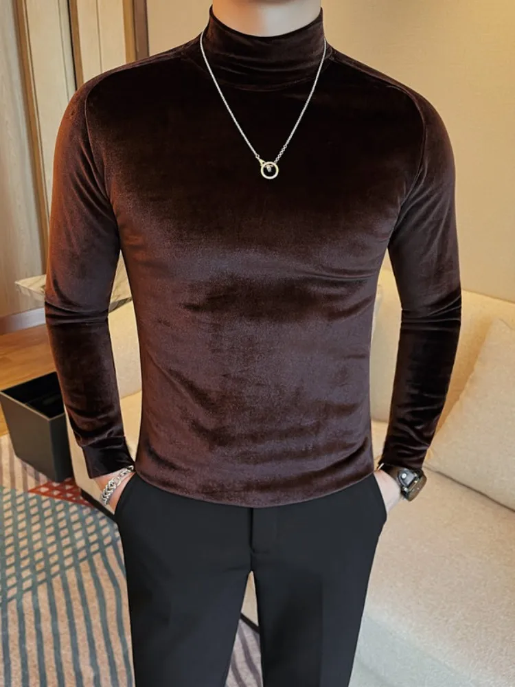 Зимняя корейская рубашка приталенного кроя мужская с высоким воротником и