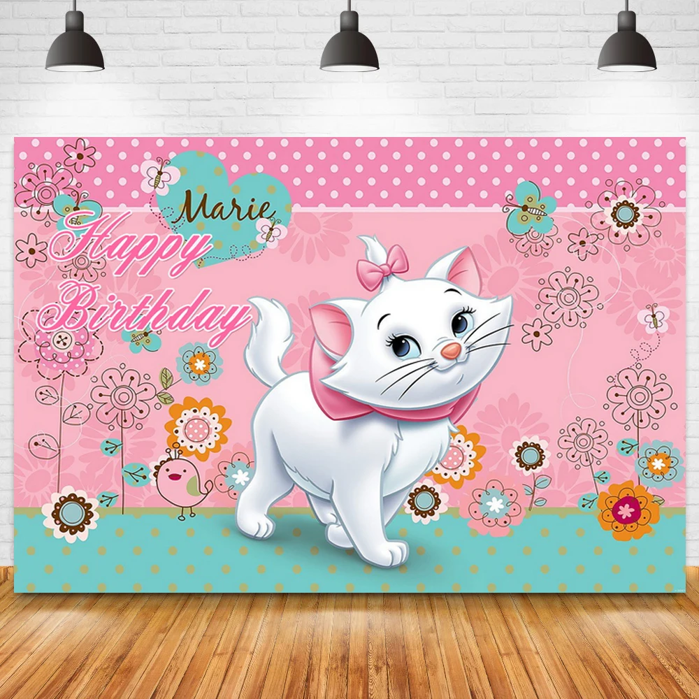 

Cute Cat Marie Flowers Pink Girl Party Backdrop Custom Child Birthday Table Decoration Photography Photo Background Vinyl Banner