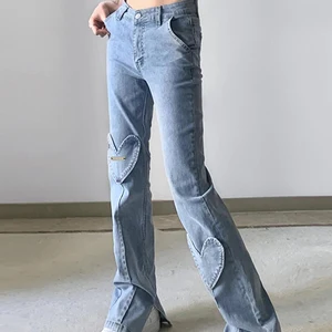 Yitimoky Heart-shape Patch Jeans Women's Skinny Flare Pants Y2K Streetwear Chic Split Denim Trouser 