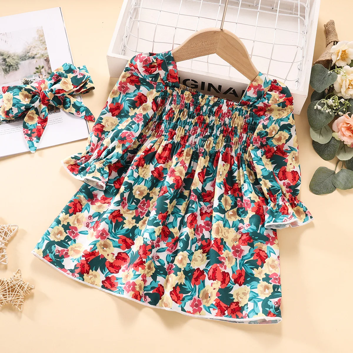 

Baby Girls Long Sleeve Flower Print Dresses Clothes Spring Princess Dress for Children Party Gown Pageant Dress Headband Outfit