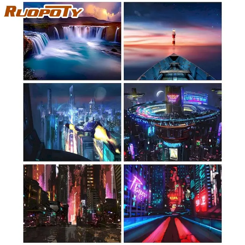 

RUOPOTY Diamond Painting City Night Scenery Full Square New Arrival Diamond Embroidery Handicraft Wall Art Decoration