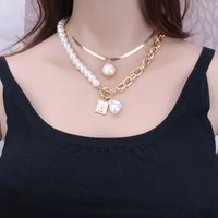 2pcsset pearl necklace for women irregular baroque pearl geometric metal pendant necklaces gothic lock chain party jewelry gift