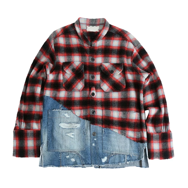 

High Street Vintage GREG LAUREN Top Quality Patchwork Denim Jacket for Men Casual Shirts and Blouses Shirt Streetwear Clothing
