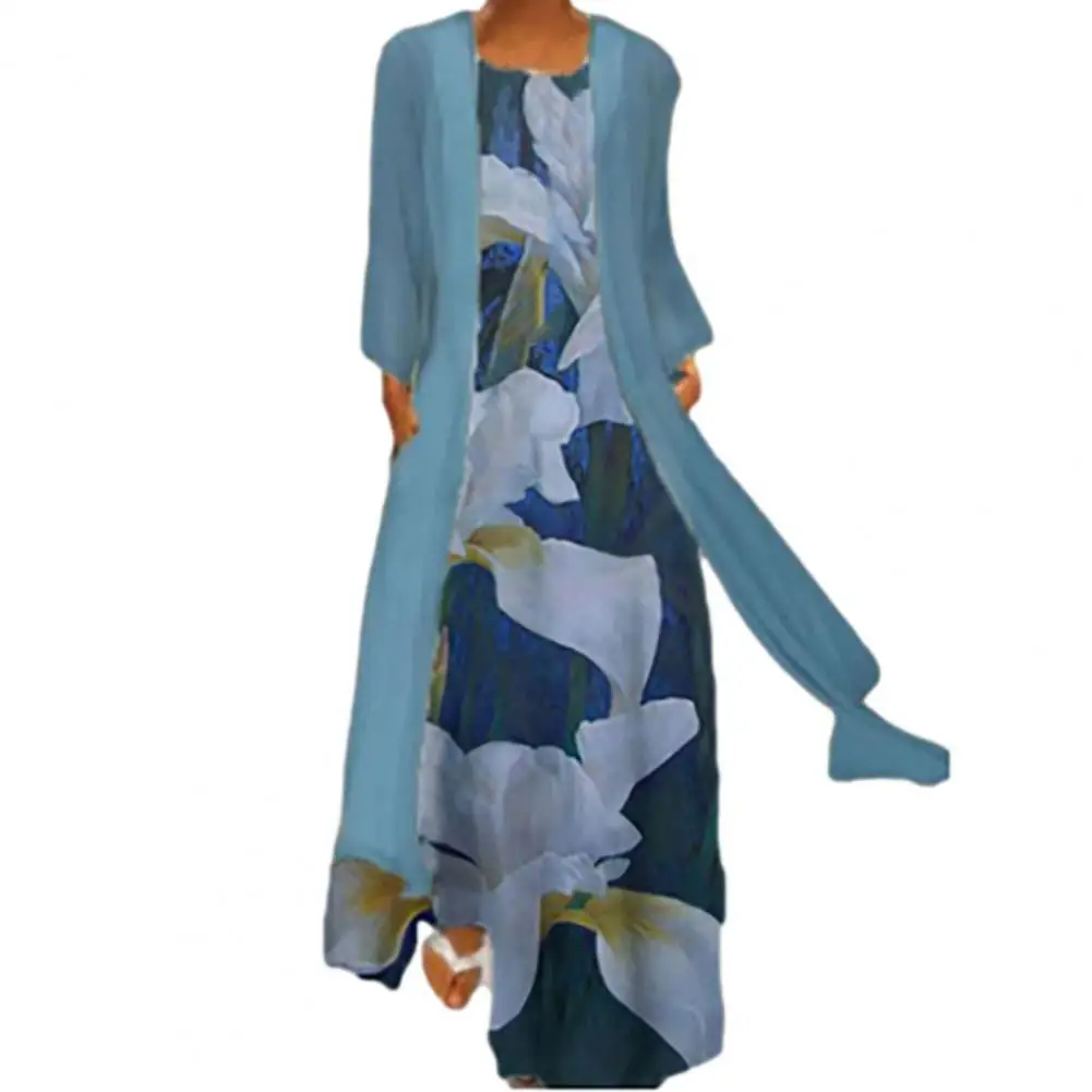 

Elegant Dress for Women 2Pcs O-Neck Sleeveless Flowy Hem Summer Dress Flower Print Women Maxi Dress Mesh Cardigan Set Streetwear