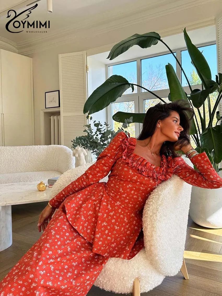 Oymimi Элегантный комплект из двух предметов с красным принтом для женщин модные