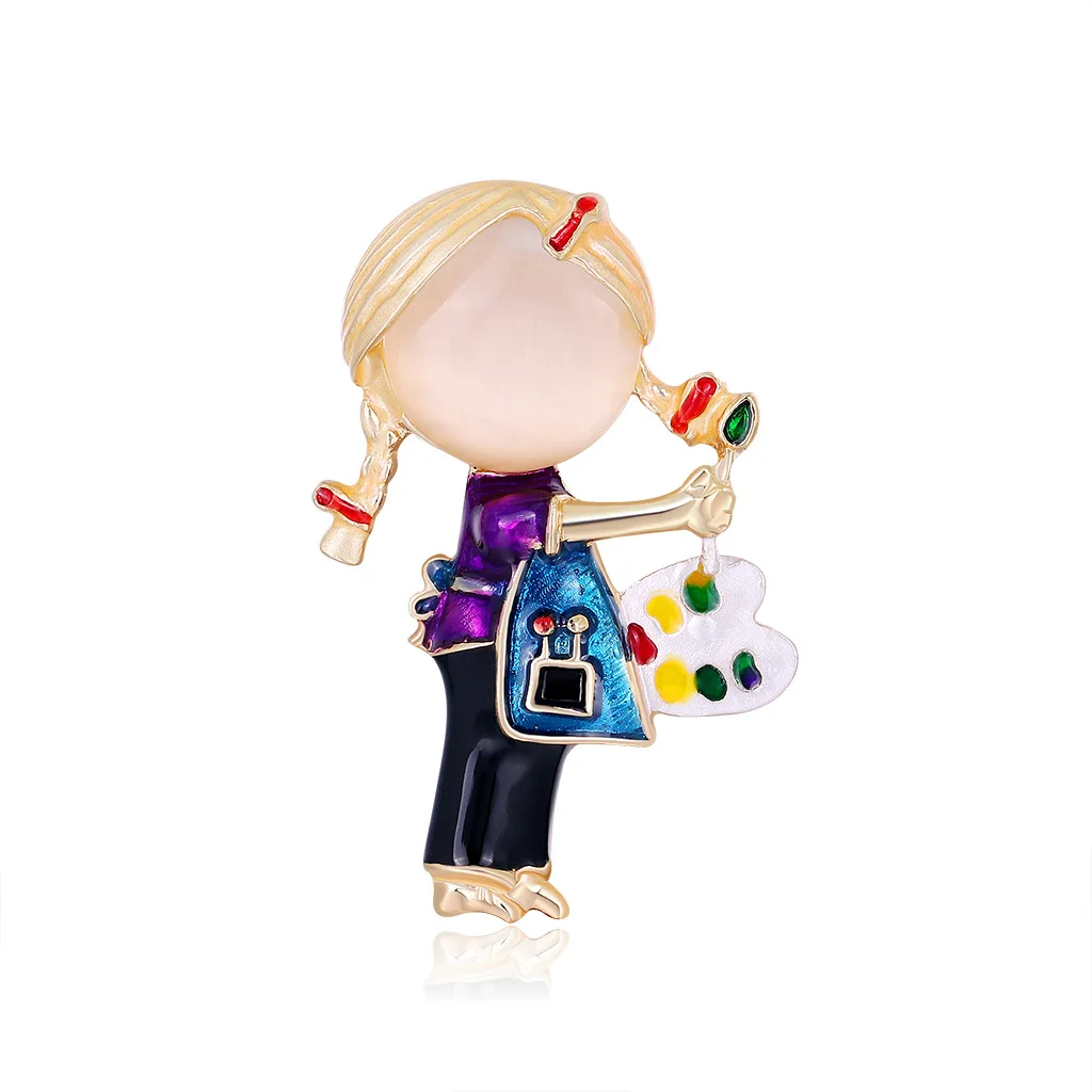 

TULX Sweet Enamel Painting Braids Girl Brooches For Women Cute Opal Lady Figure Brooch Pin Kids Jewelry Funny Accessories Gifts