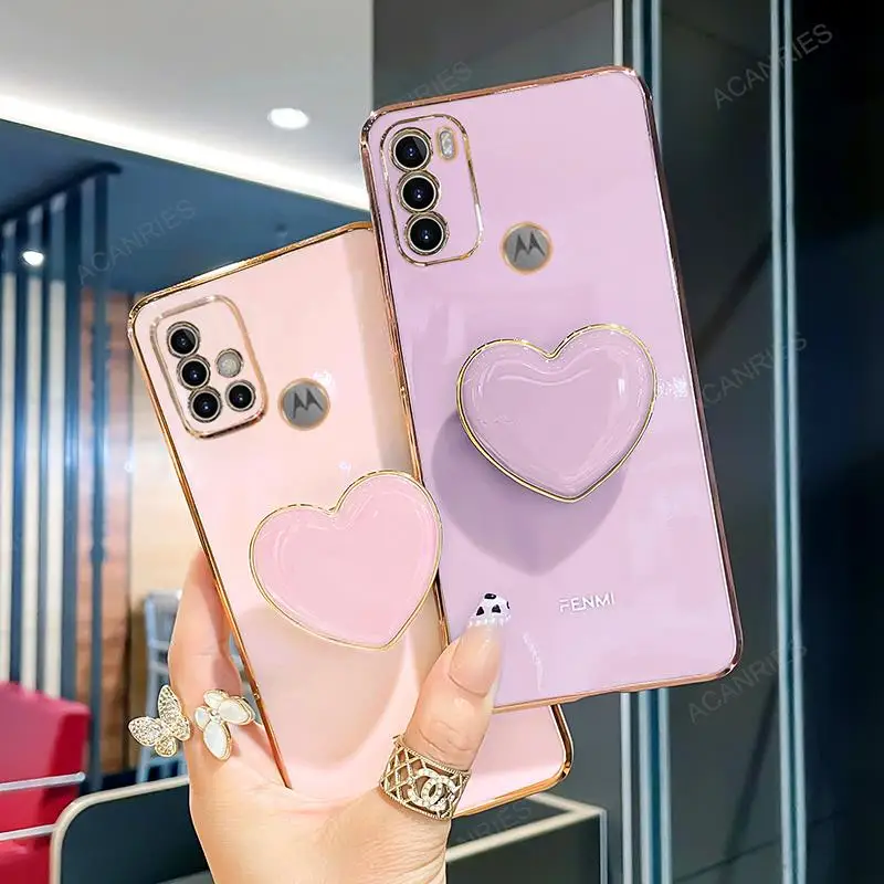 Luxury Love Heart Holder Case For Motorola Moto G60 G50 G30 G20 G10 G9 G8 Play E7 Plus Power 5G E20 Plating Stand Silicon Cover