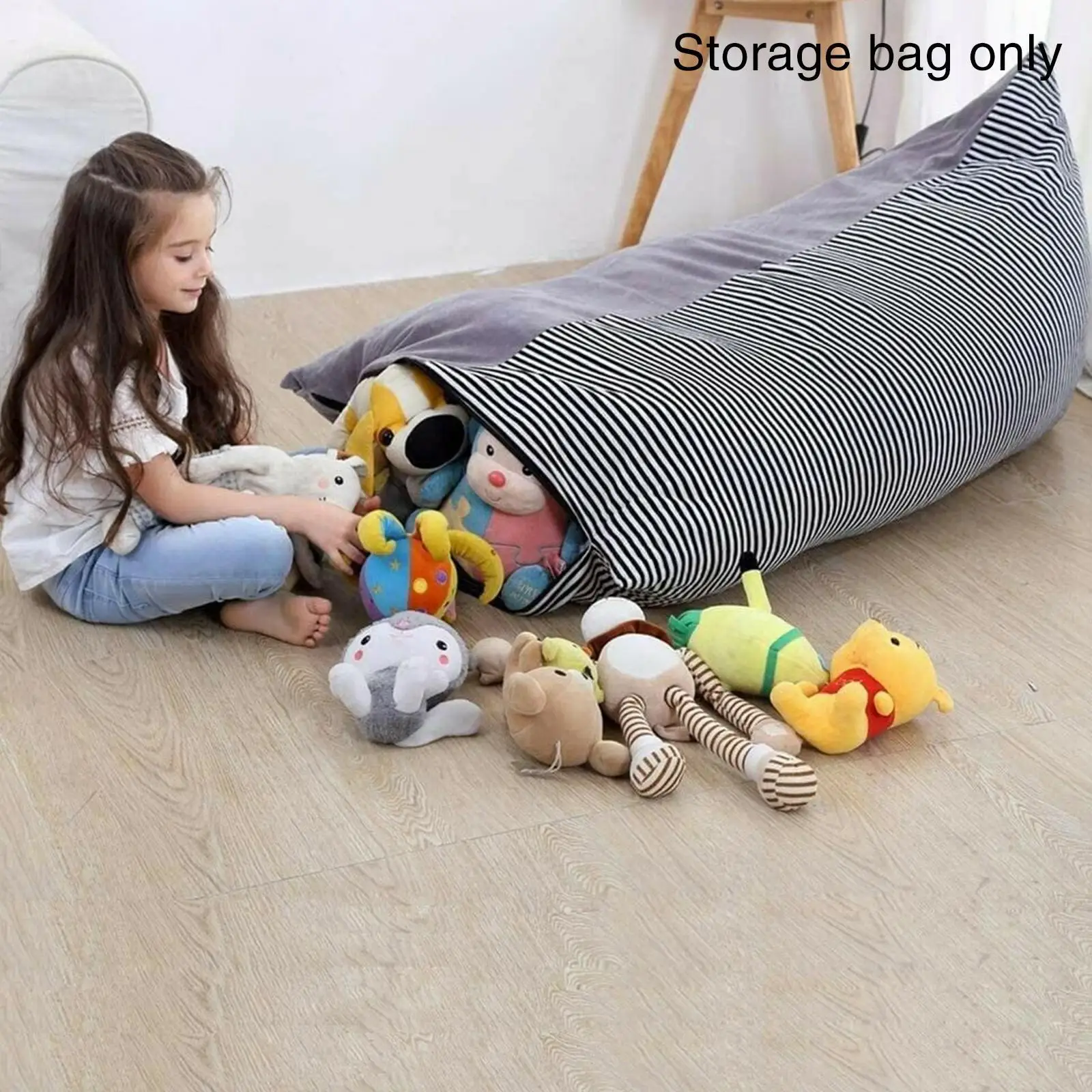 

Super-Soft Velvet Toy Stuffed Animal Storage Bean Bag Chair Extra Large Canvas Pouch Stripe Sofa