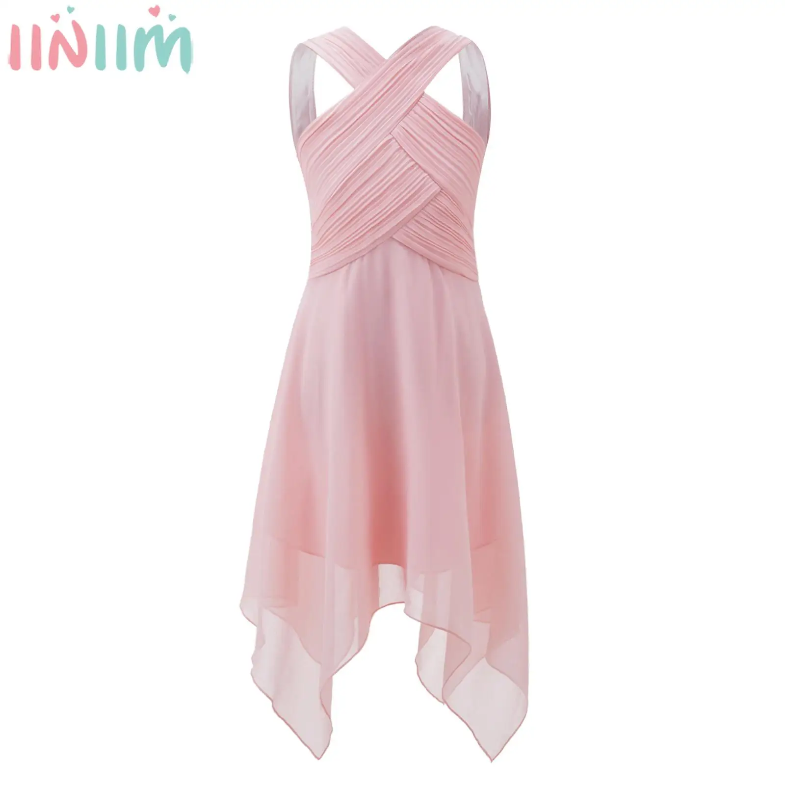 

Kids Girls Elegant Chiffon Party Dress Sleeveless Ruched Bodice Asymmetrical Hem Princess Dress for Wedding Birthday Evening