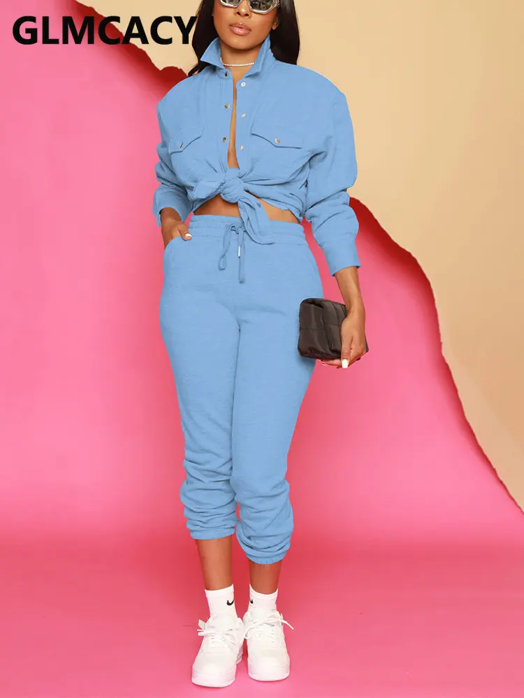 

2 Pieces Pants Sets Women Button Top Shirt & Draw String Pants
